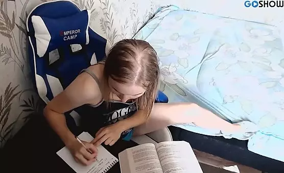 Nerdy Girl Tops Off Studying with Tits and Teasing